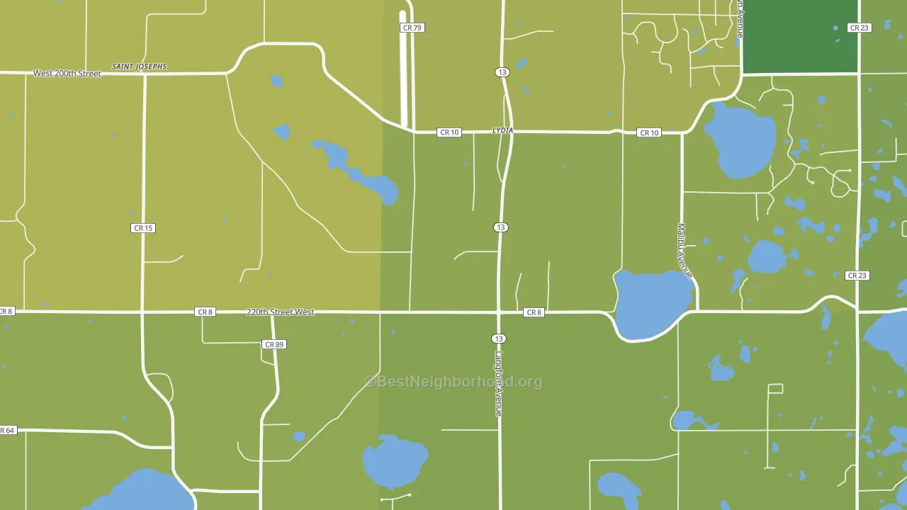 Map of the best neighborhoods in the Lydia area, with better matches in green and worse matches in red