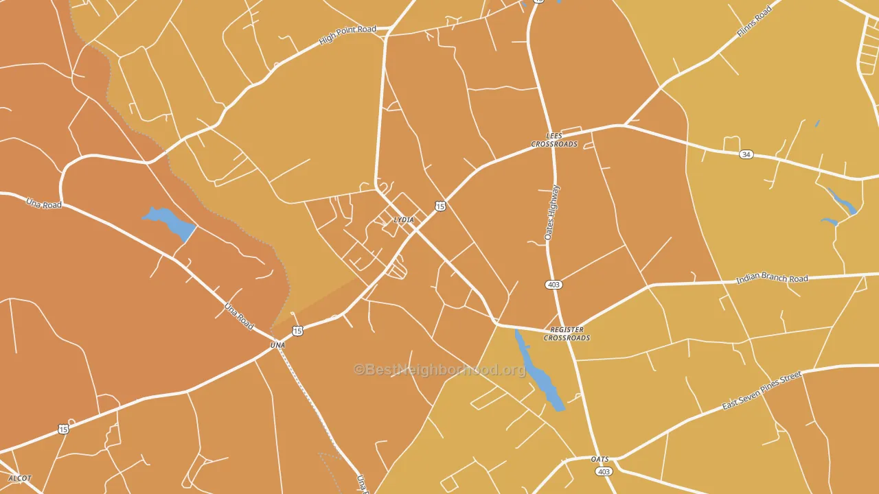 Map of the best neighborhoods in the Lydia area, with better matches in green and worse matches in red