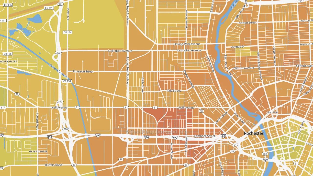 Map of the best neighborhoods in the Lyell-Otis, Rochester area, with better matches in green and worse matches in red