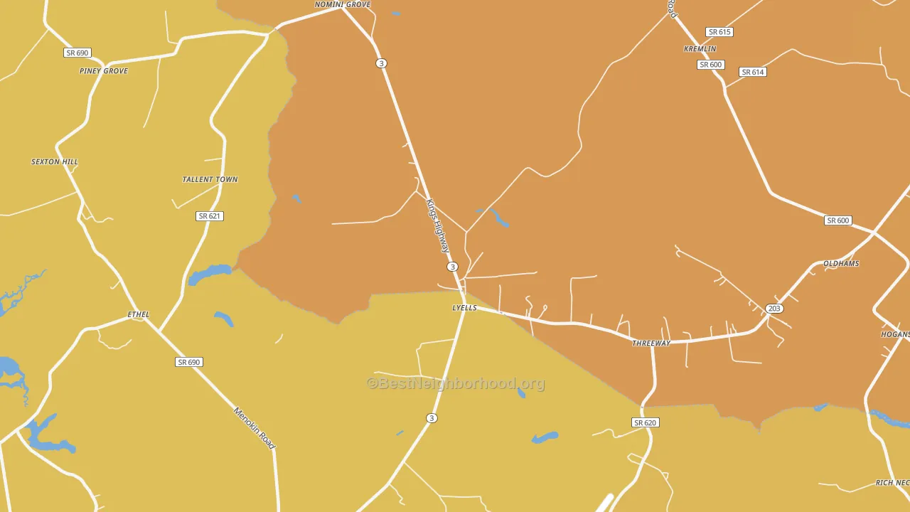 Map of the best neighborhoods in the Lyells area, with better matches in green and worse matches in red