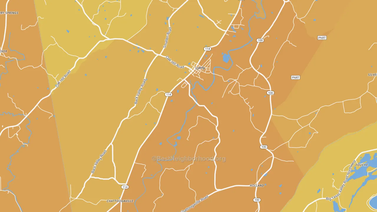 Map of the best neighborhoods in the Lyerly area, with better matches in green and worse matches in red