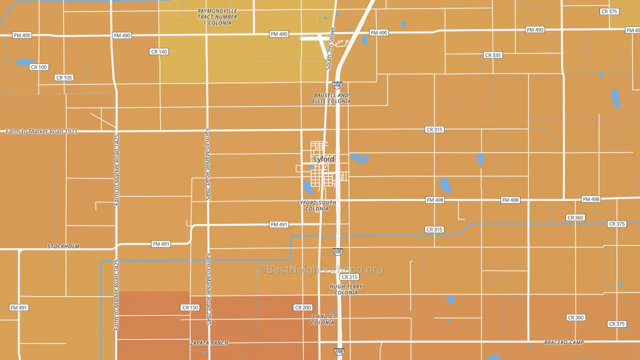 Map of the best neighborhoods in the Lyford area, with better matches in green and worse matches in red