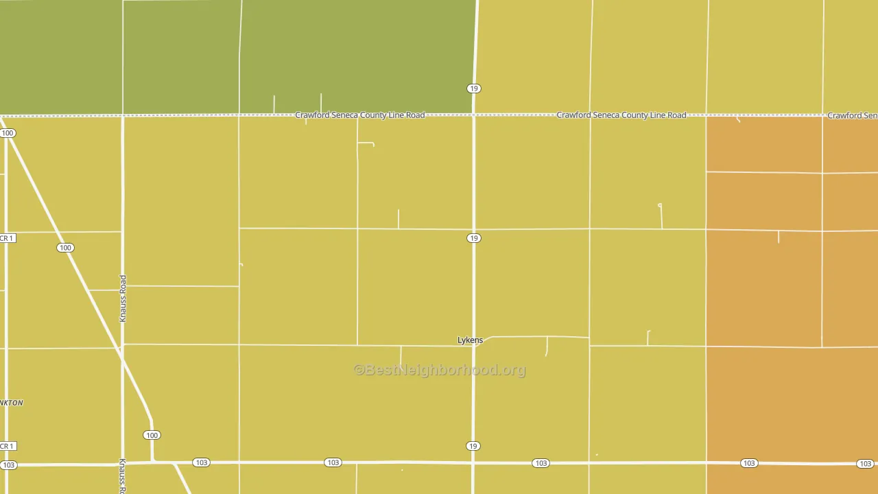 Map of the best neighborhoods in the Lykens area, with better matches in green and worse matches in red