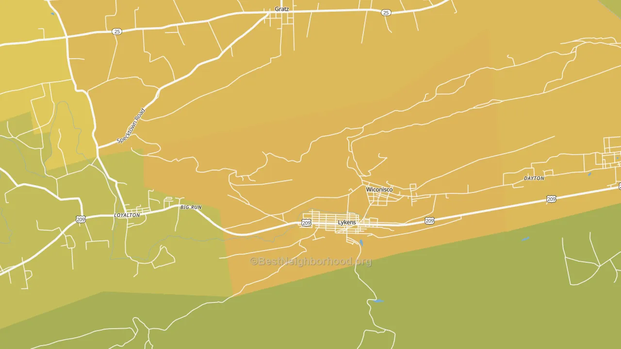 Map of the best neighborhoods in the Lykens area, with better matches in green and worse matches in red