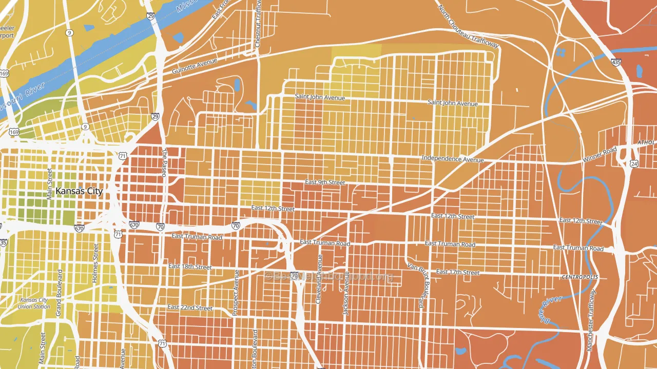 Map of the best neighborhoods in the Lykins, Kansas City area, with better matches in green and worse matches in red