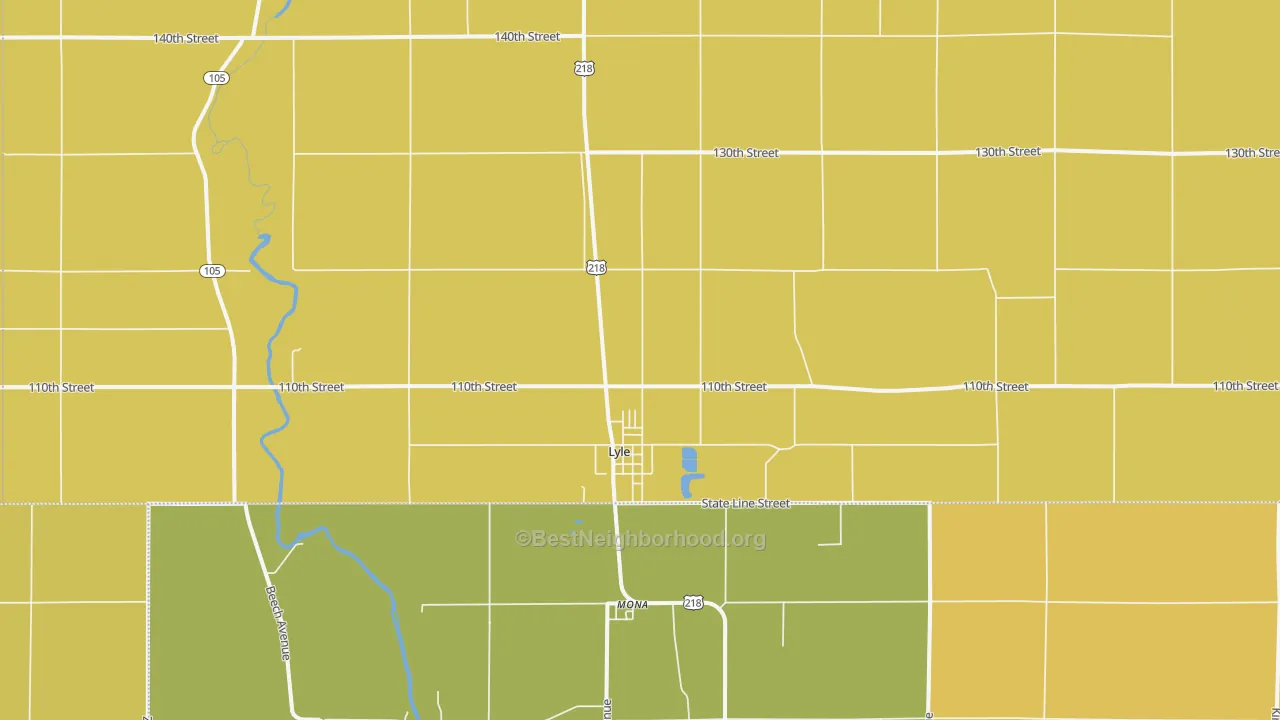 Map of the best neighborhoods in the Lyle area, with better matches in green and worse matches in red
