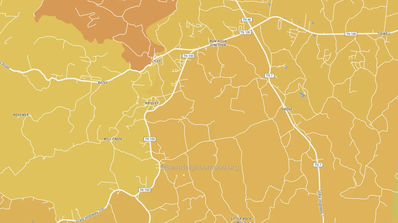 Map of the best neighborhoods in the Lyles area, with better matches in green and worse matches in red
