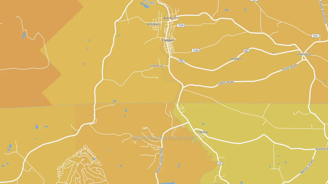 Map of the best neighborhoods in the Lyleville area, with better matches in green and worse matches in red