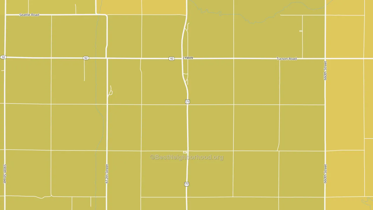 Map of the best neighborhoods in the Lyman area, with better matches in green and worse matches in red