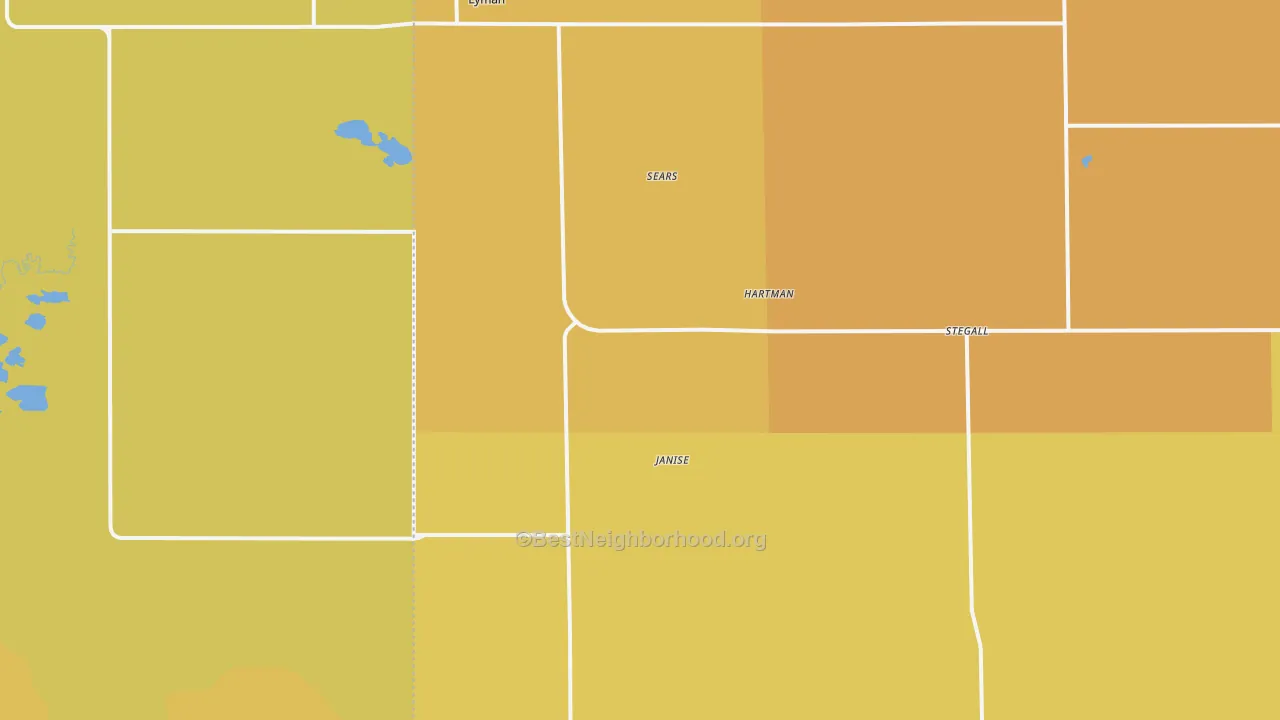 Map of the best neighborhoods in the Lyman area, with better matches in green and worse matches in red