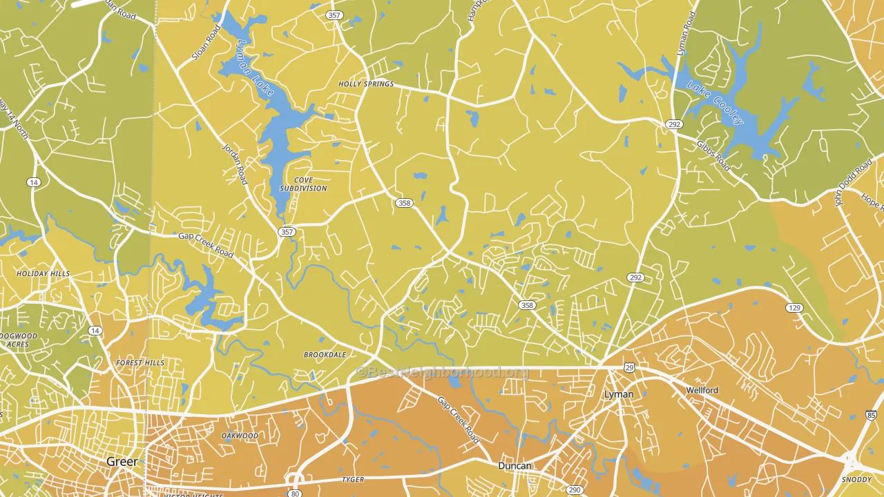 Map of the best neighborhoods in the Lyman area, with better matches in green and worse matches in red