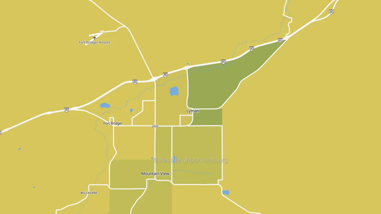 Map of the best neighborhoods in the Lyman area, with better matches in green and worse matches in red