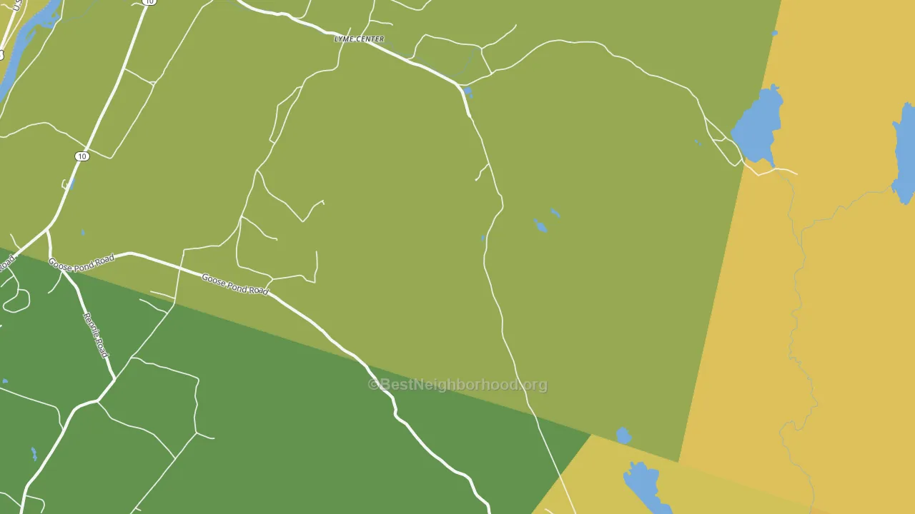 Map of the best neighborhoods in the Lyme Center area, with better matches in green and worse matches in red