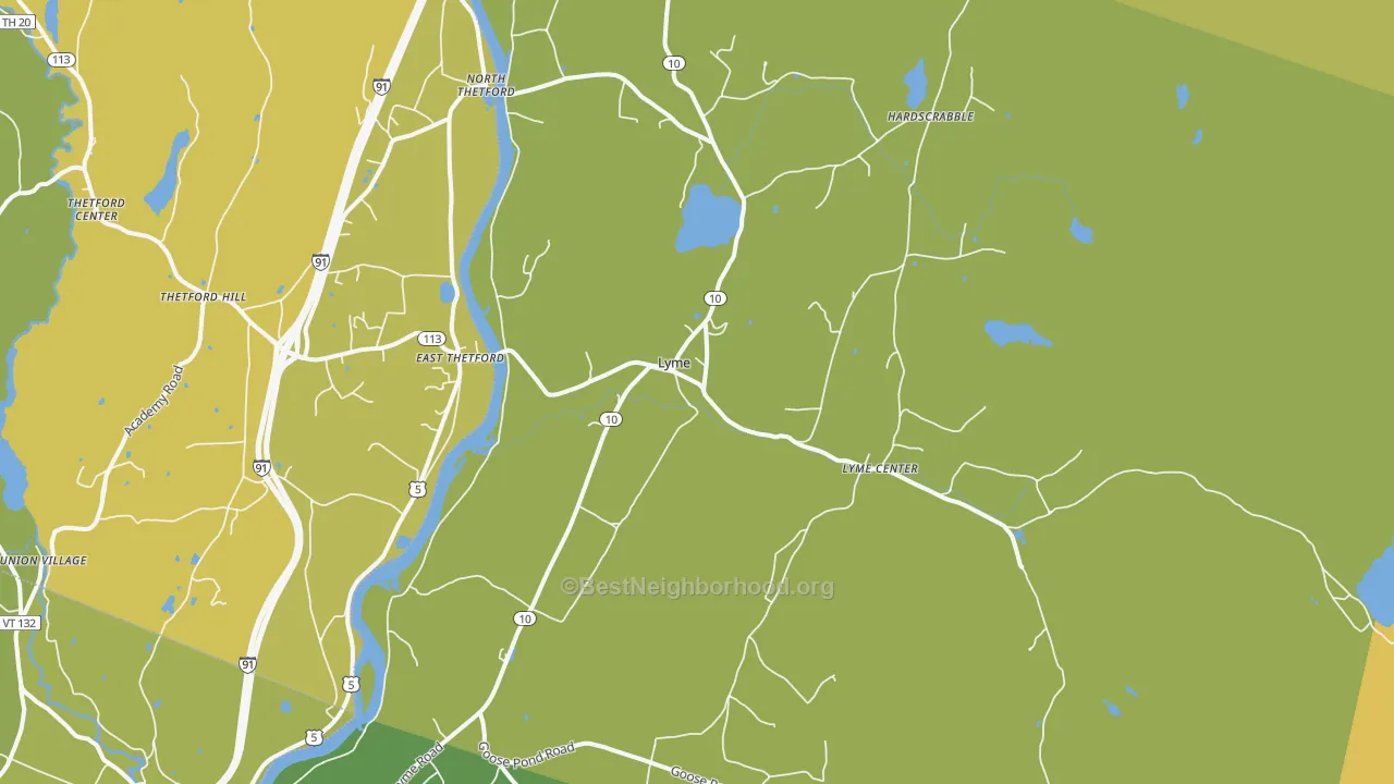 Map of the best neighborhoods in the Lyme area, with better matches in green and worse matches in red