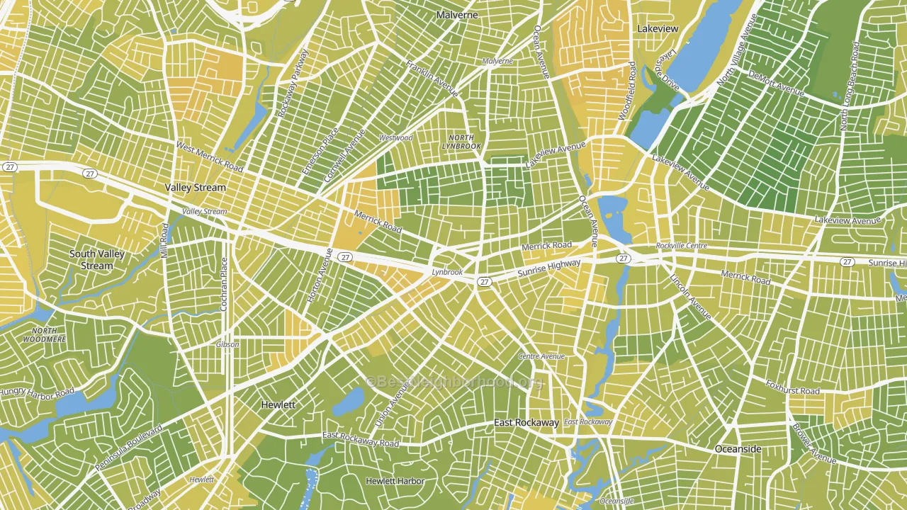 Map of the best neighborhoods in the Lynbrook area, with better matches in green and worse matches in red