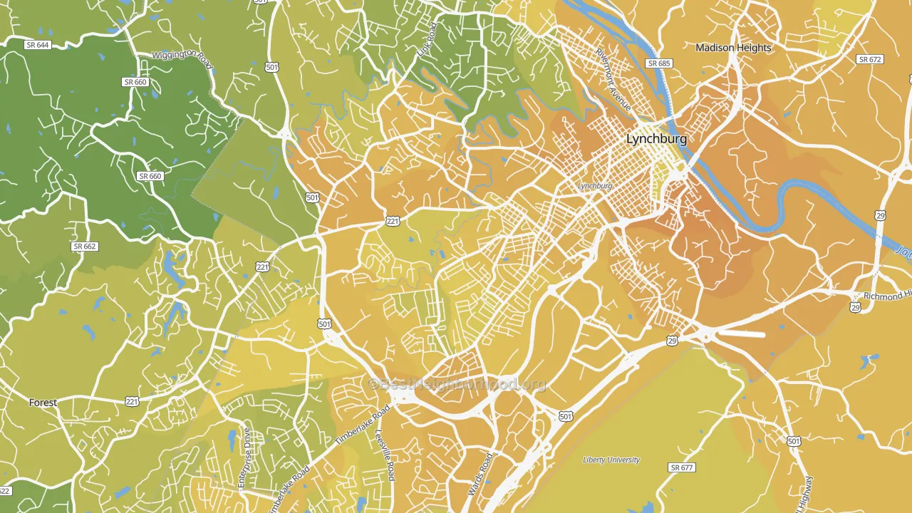 Map of the best neighborhoods in the Lynchburg City area, with better matches in green and worse matches in red