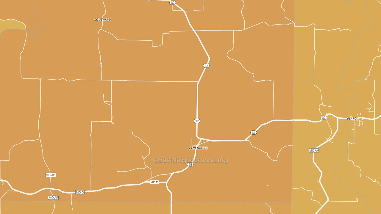 Map of the best neighborhoods in the Lynchburg area, with better matches in green and worse matches in red