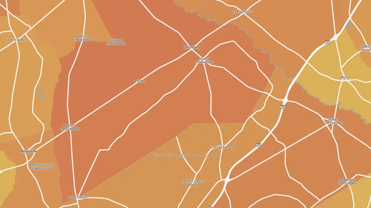Map of the best neighborhoods in the Lynchburg area, with better matches in green and worse matches in red