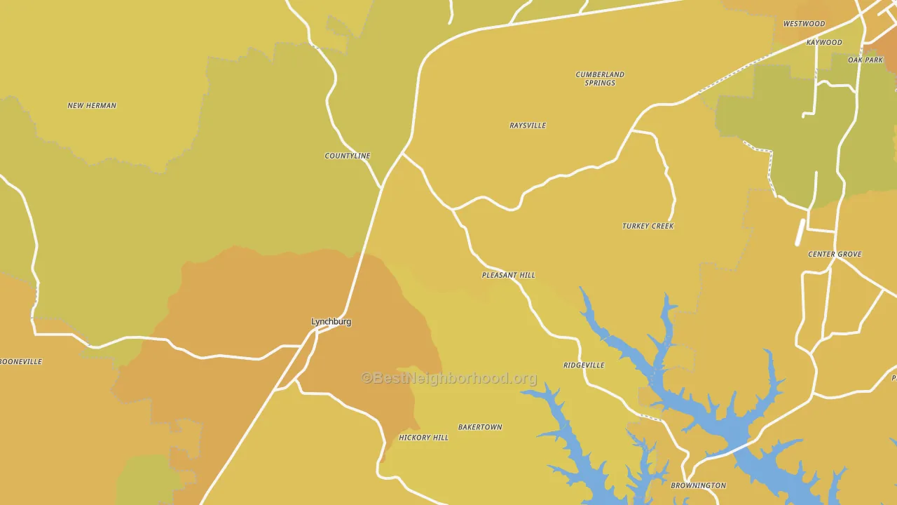 Map of the best neighborhoods in the Lynchburg area, with better matches in green and worse matches in red
