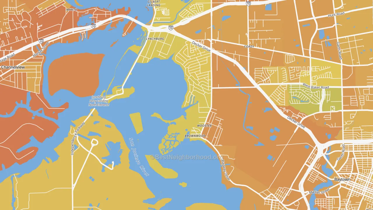 Map of the best neighborhoods in the Lynchburg area, with better matches in green and worse matches in red