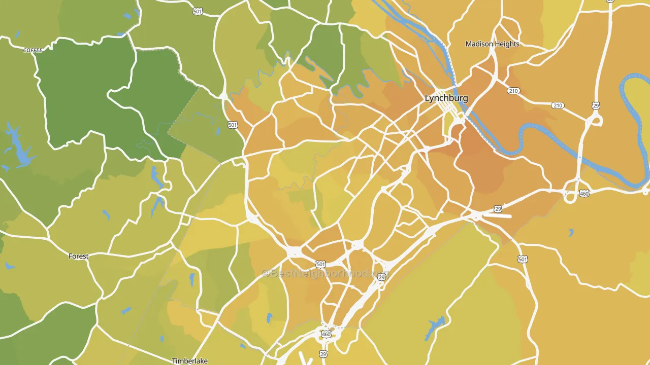 Map of the best neighborhoods in the Lynchburg Metro area, with better matches in green and worse matches in red