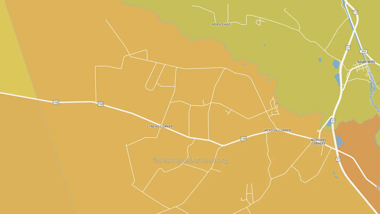 Map of the best neighborhoods in the Lynchs Corner area, with better matches in green and worse matches in red