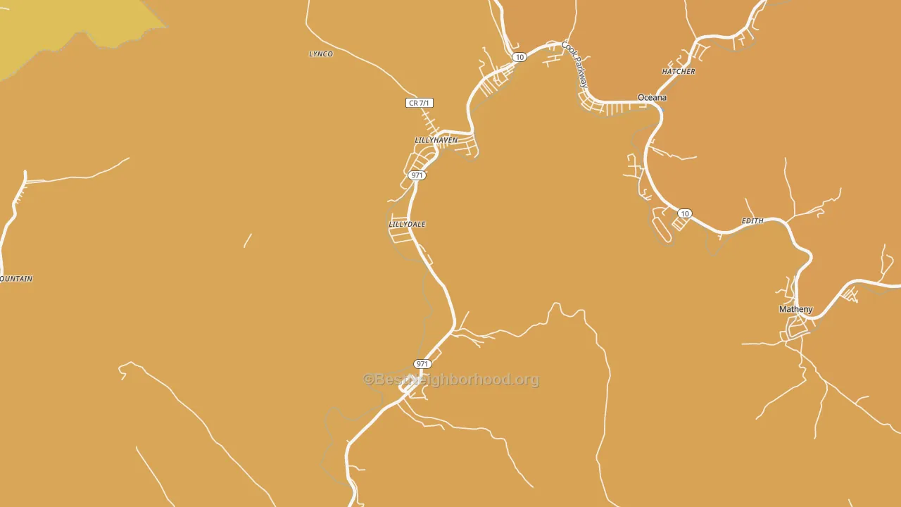 Map of the best neighborhoods in the Lynco area, with better matches in green and worse matches in red