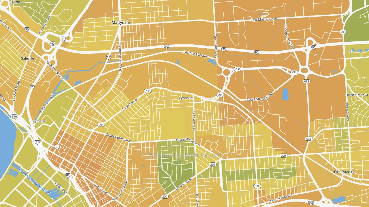Map of the best neighborhoods in the Lyncourt area, with better matches in green and worse matches in red