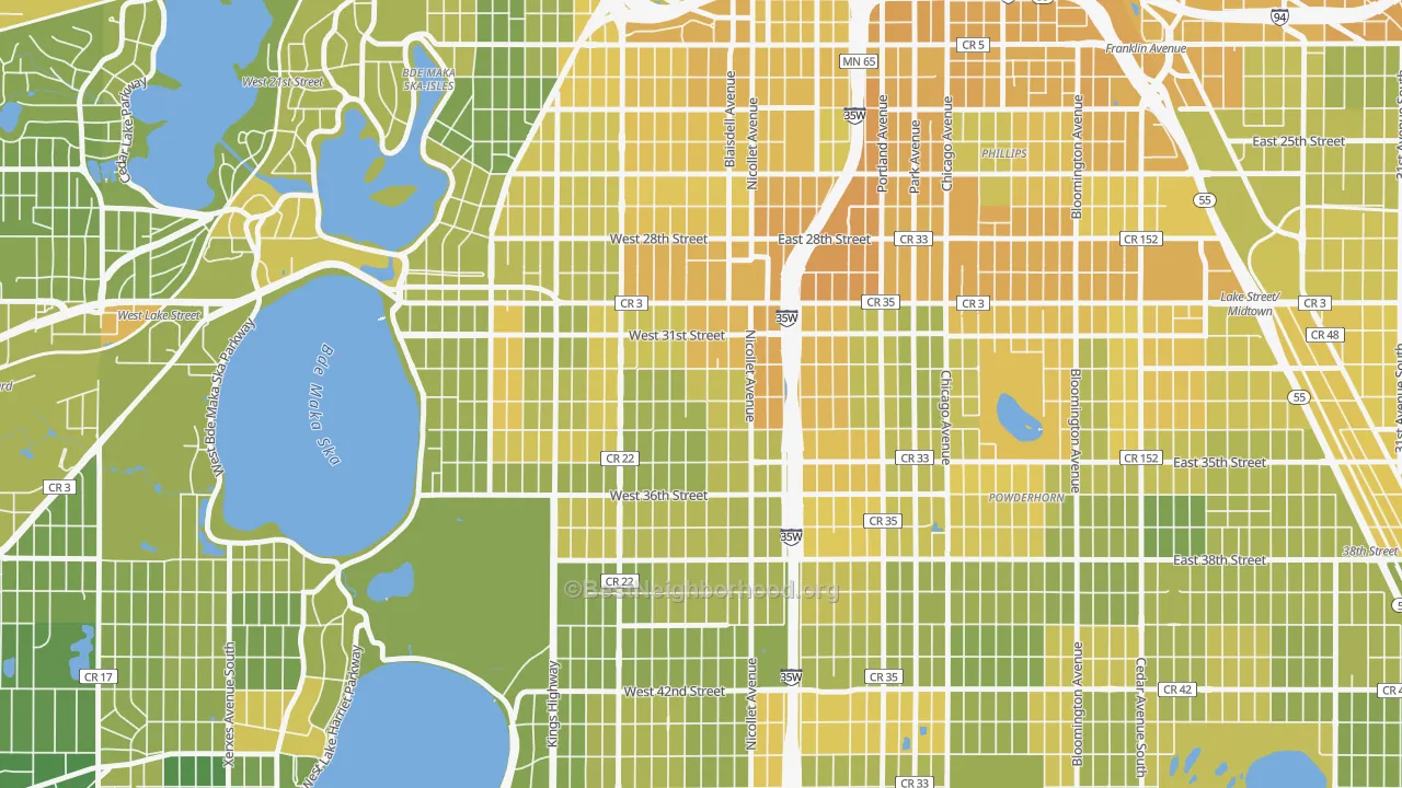 Map of the best neighborhoods in the Lyndale, Minneapolis area, with better matches in green and worse matches in red