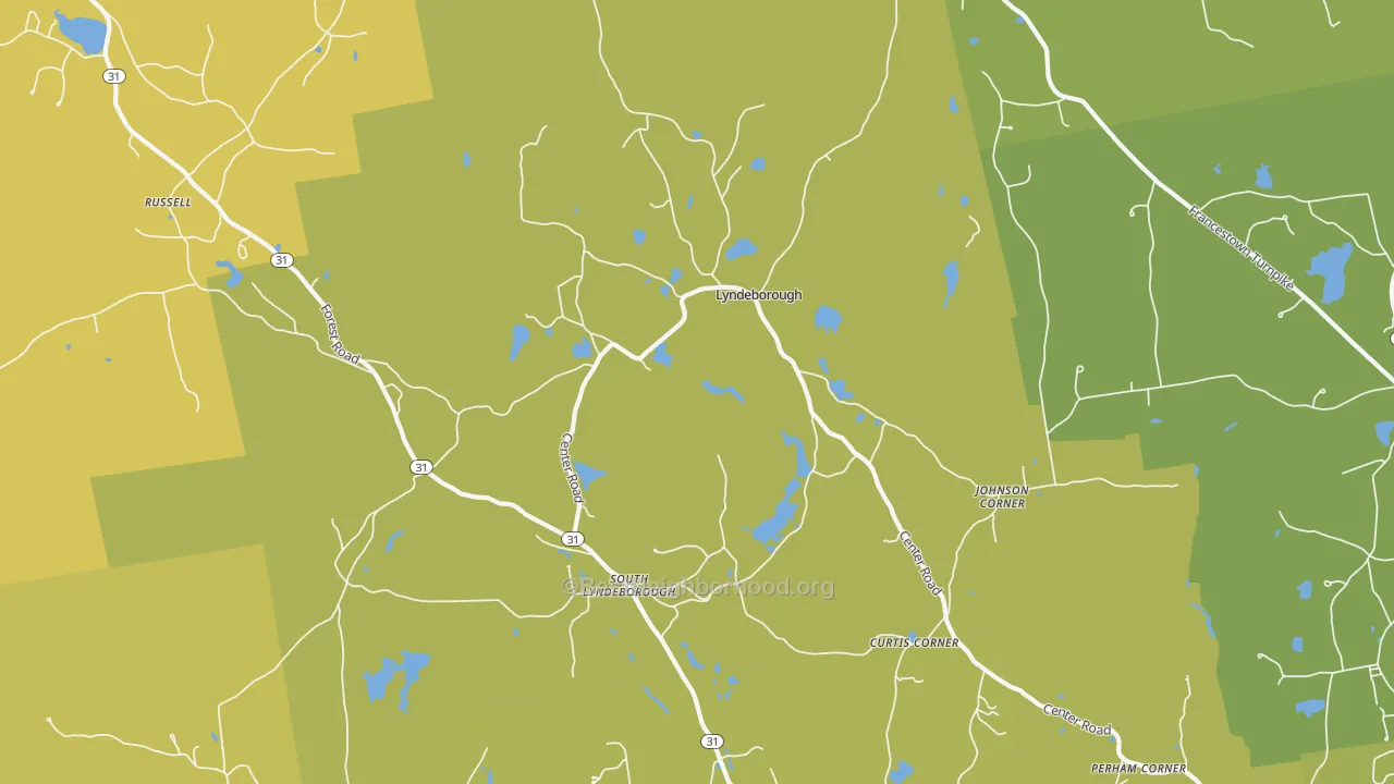 Map of the best neighborhoods in the Lyndeborough area, with better matches in green and worse matches in red