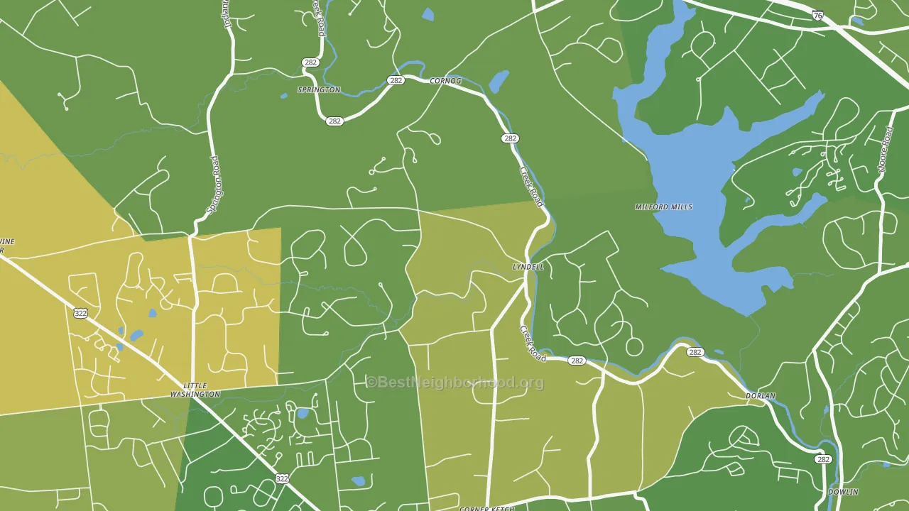 Map of the best neighborhoods in the Lyndell area, with better matches in green and worse matches in red