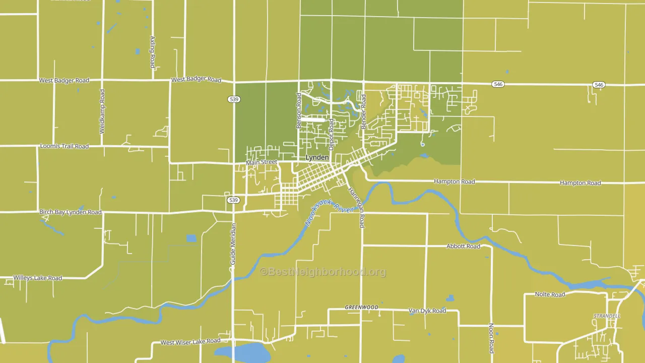 Map of the best neighborhoods in the Lynden area, with better matches in green and worse matches in red