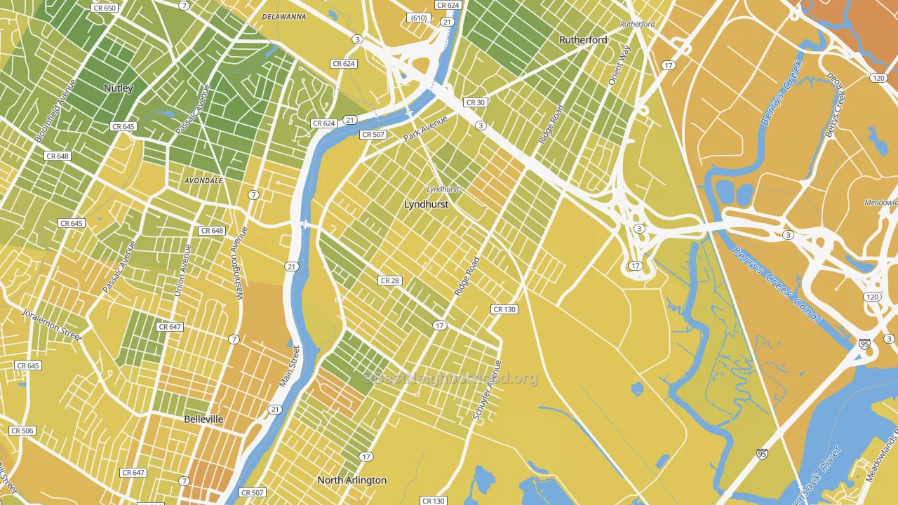 Map of the best neighborhoods in the Lyndhurst area, with better matches in green and worse matches in red