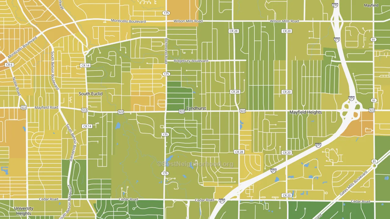 Map of the best neighborhoods in the Lyndhurst area, with better matches in green and worse matches in red