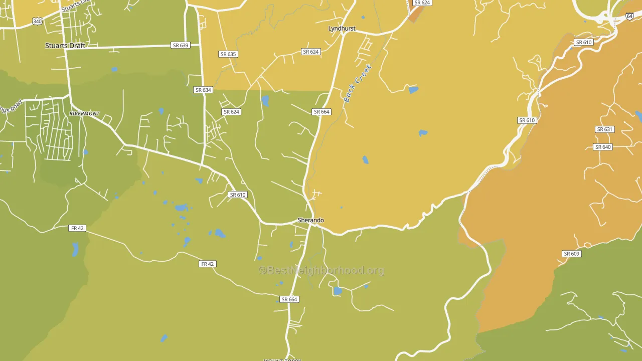 Map of the best neighborhoods in the Lyndhurst area, with better matches in green and worse matches in red
