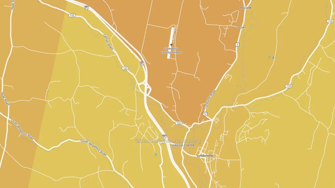 Map of the best neighborhoods in the Lyndon Center area, with better matches in green and worse matches in red