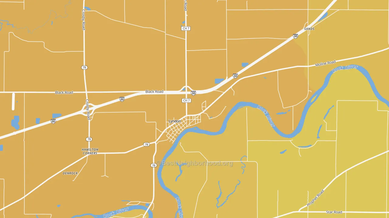 Map of the best neighborhoods in the Lyndon area, with better matches in green and worse matches in red