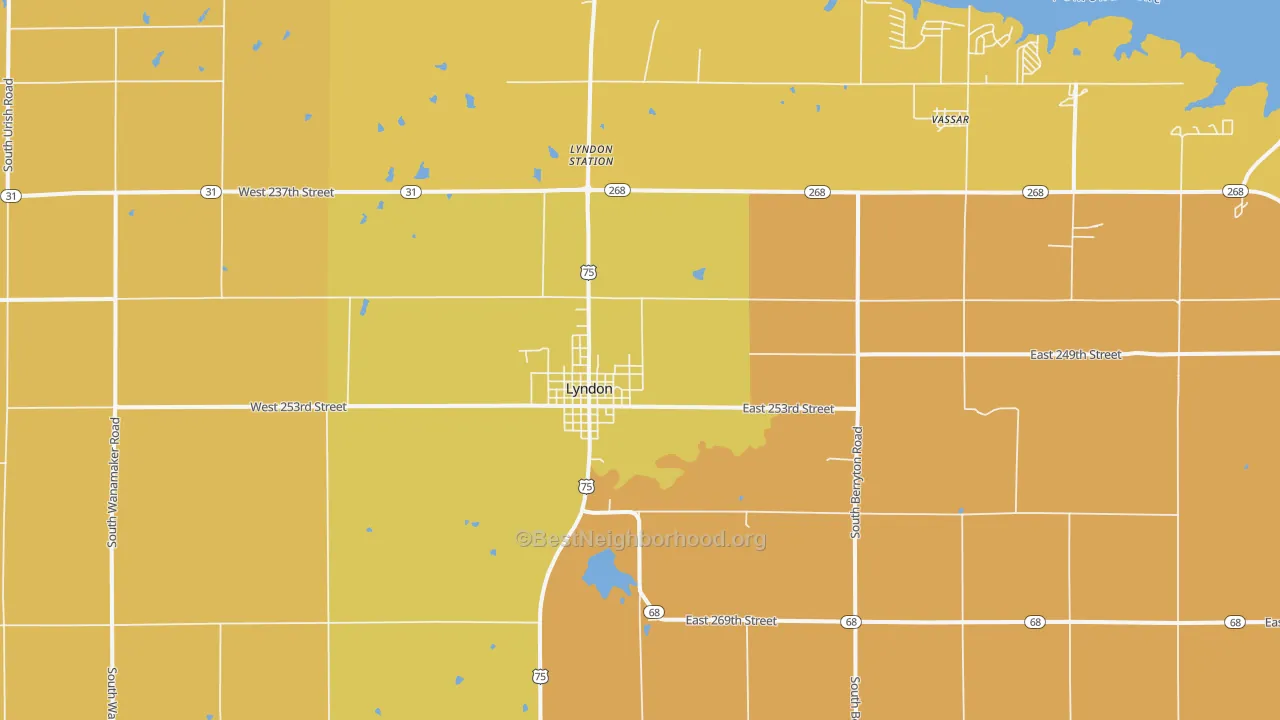 Map of the best neighborhoods in the Lyndon area, with better matches in green and worse matches in red