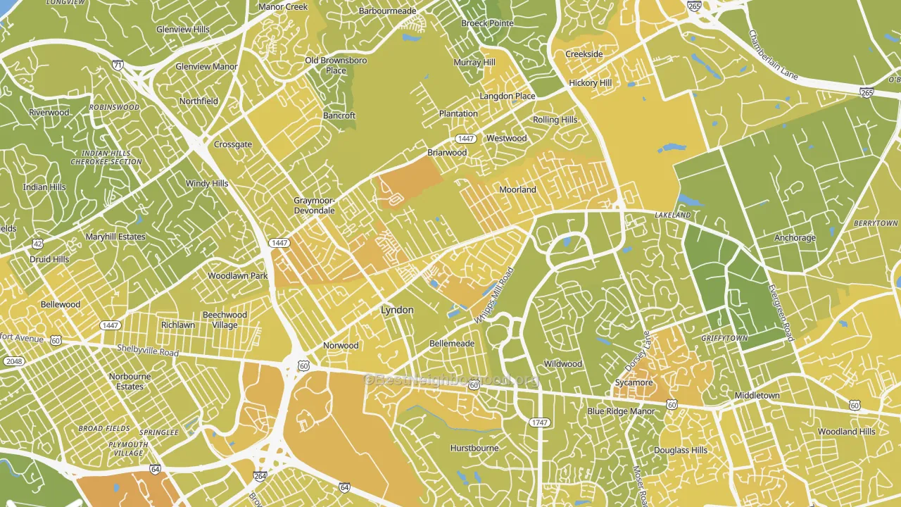 Map of the best neighborhoods in the Lyndon area, with better matches in green and worse matches in red