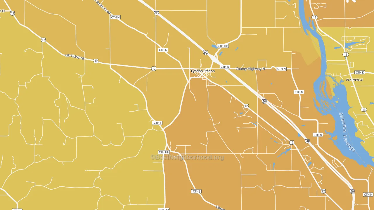 Map of the best neighborhoods in the Lyndon Station area, with better matches in green and worse matches in red
