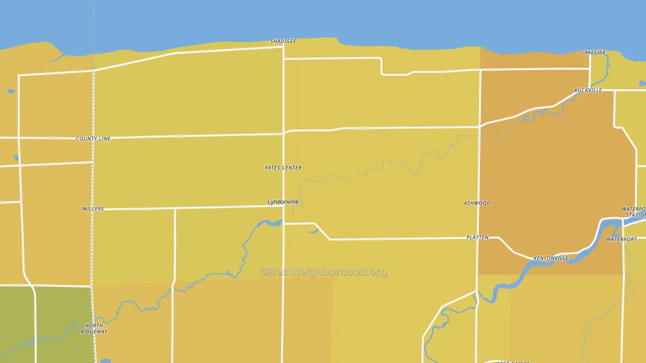 Map of the best neighborhoods in the Lyndonville area, with better matches in green and worse matches in red