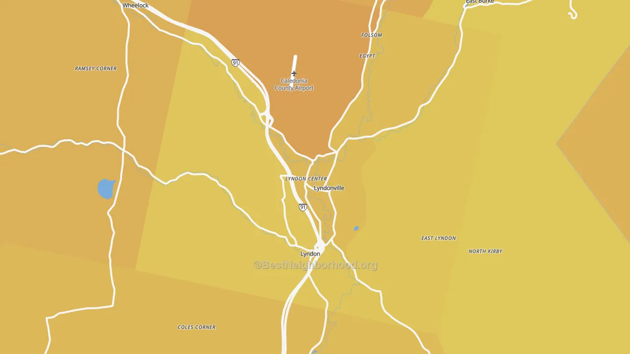 Map of the best neighborhoods in the Lyndonville area, with better matches in green and worse matches in red