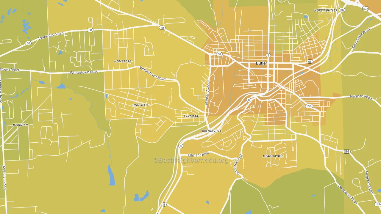 Map of the best neighborhoods in the Lyndora area, with better matches in green and worse matches in red