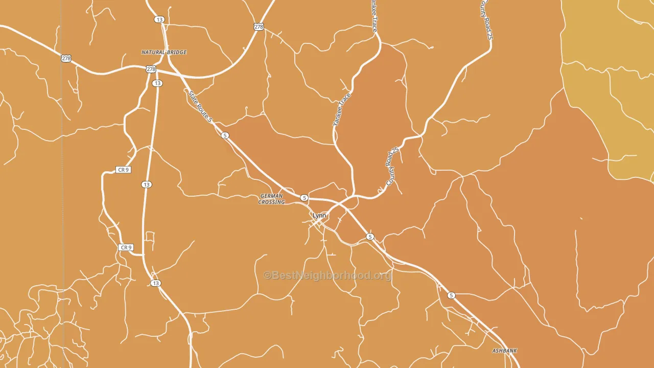 Map of the best neighborhoods in the Lynn area, with better matches in green and worse matches in red