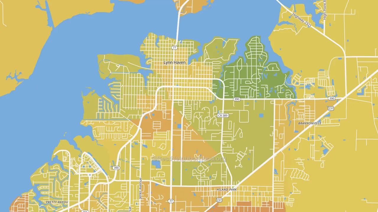 Map of the best neighborhoods in the Lynn Haven area, with better matches in green and worse matches in red