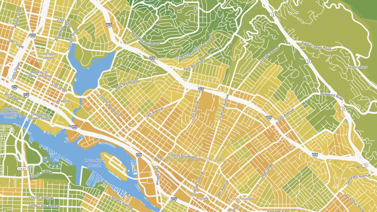 Map of the best neighborhoods in the Lynn-Highland Park, Oakland area, with better matches in green and worse matches in red
