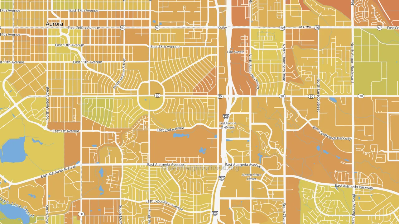 Map of the best neighborhoods in the Lynn Knoll, Aurora area, with better matches in green and worse matches in red