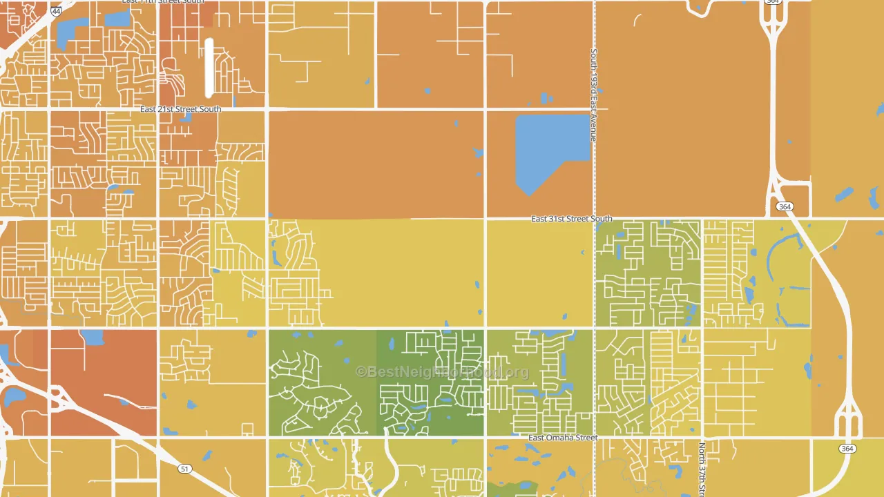 Map of the best neighborhoods in the Lynn Lane, Tulsa area, with better matches in green and worse matches in red