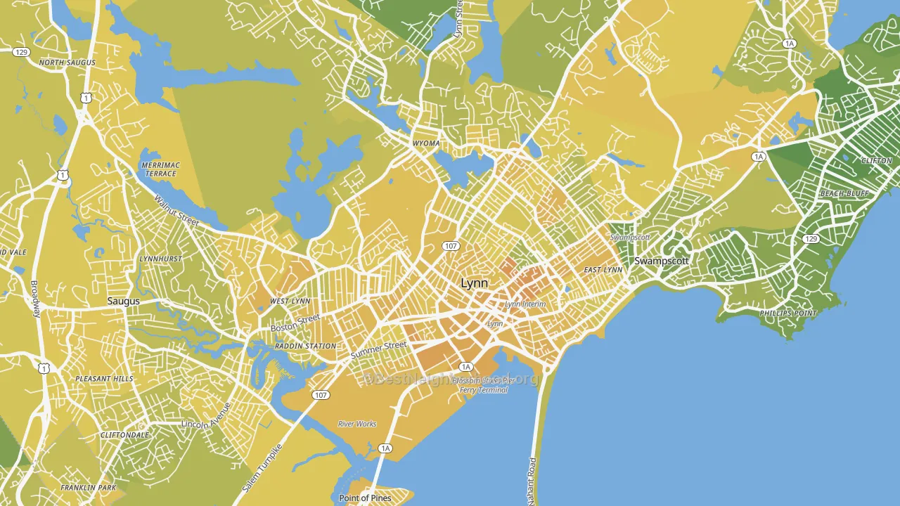 Map of the best neighborhoods in the Lynn area, with better matches in green and worse matches in red