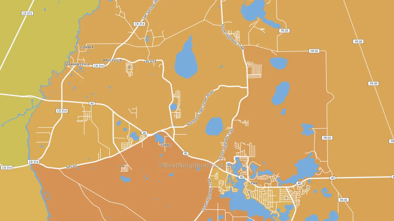 Map of the best neighborhoods in the Lynne area, with better matches in green and worse matches in red